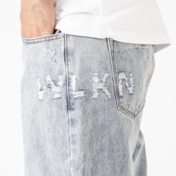 WLKN : Distressed Logo Loose Fit Denim Pants